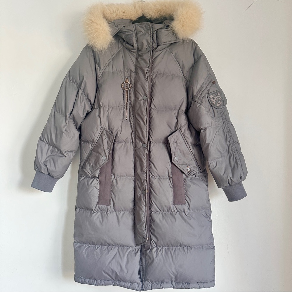 TEENIE WEENIE LONG PUFFER DOWN COAT PARKA HOODED REAL FUR LIGHT GRAY INSULATED M